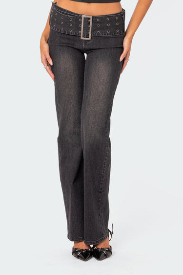 Buckle Belt Washed Low Rise Flared Jeans