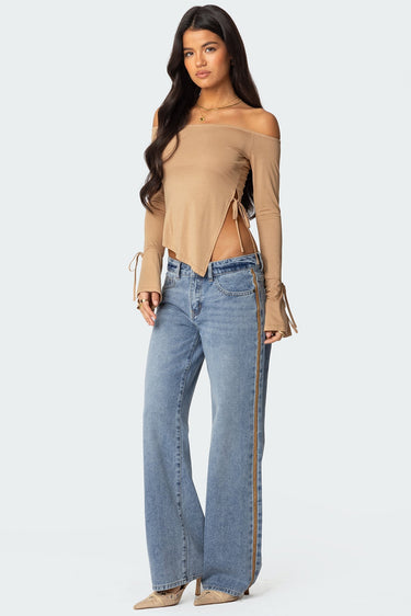 Faux Suede Stripe Low Rise Straight Leg Jeans