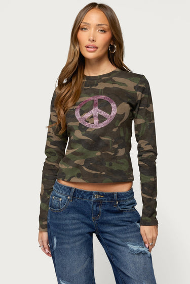 Peace Rhinestone Camo Top