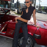 Pinstripe & Faux Leather Low Rise Flared Jeans